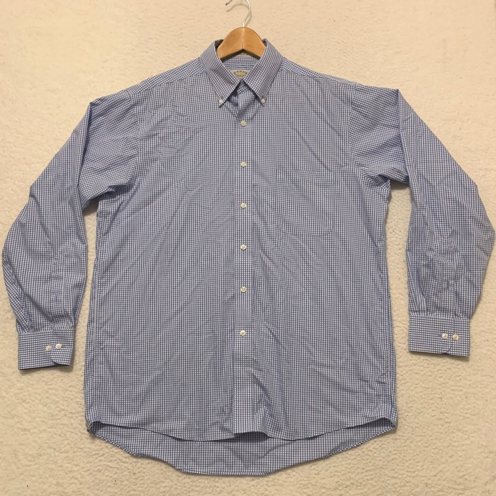 Eagle Shirtmakers Gingham Button Down Shirt Mens L 16.5 34/35 100% Cotton Blue